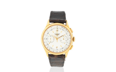 Longines. An 18K gold manual wind chronograph wristwatch