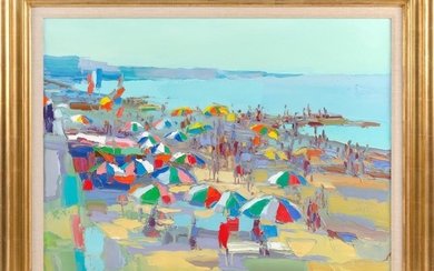 NICOLA SIMBARI, Italy, 1927-2012, Beach scene with colorful umbrellas., Oil on canvas, 24" x 32". Framed 31" x 39".