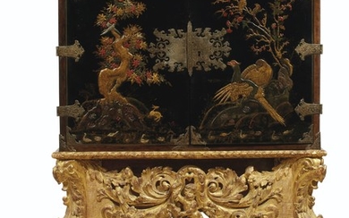 A NORTH EUROPEAN BLACK, GILT AND POLYCHROME-JAPANNED CABINET ON GILTWOOD STAND, LATE 17TH CENTURY