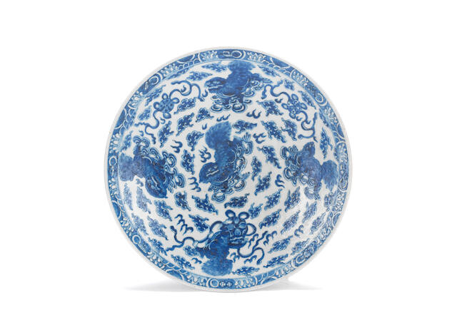A large blue and white 'Buddhist lions' dish