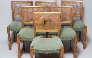 6 pcs. dining chairs, solid oak frame, back upholstered with French wicker, first half of 1900's, ol (6).