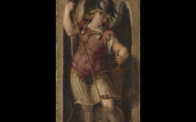 17th Century Northern Italian school Saint Michael the Archangel oil on panel 60x26 cm. (restorations)
