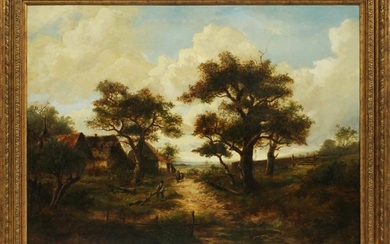 EARLY 19TH C OIL ON CANVAS LAID ON BOARD, THE FARMSTEAD
