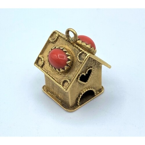 9ct Gold Vintage Birdbox Charm/Pendant with Red Stones, weig...