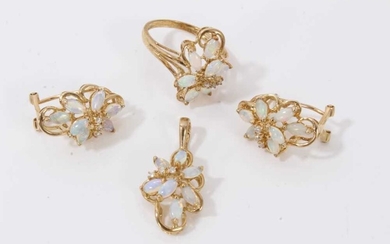 9ct gold opal and diamond cluster jewellery set to include a ring, pendant and pair of earrings