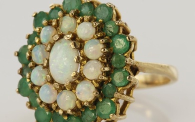 9ct yellow gold emerald and opal cluster dress ring, princip...