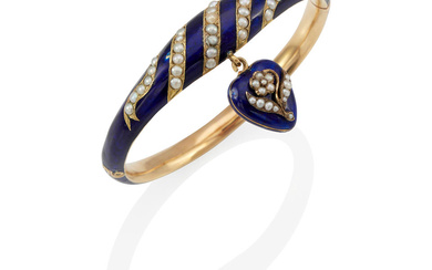 A 14K GOLD, ENAMEL AND SEED PEARL BANGLE BRACELET AND...