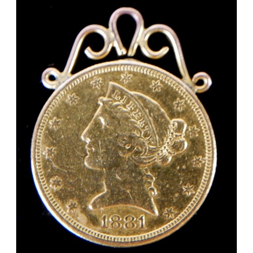 A 19TH CENTURY AMERICAN 20CT GOLD FIVE DOLLAR GOLD COIN PEND...