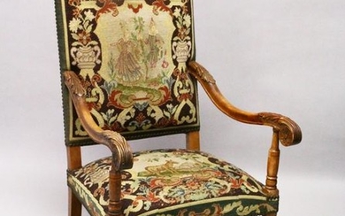 A 19TH CENTURY CARVED BEECH FRAMED ARMCHAIR, with