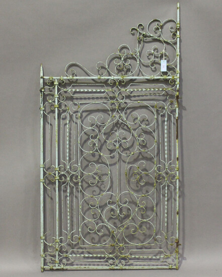 A 19th century green painted wrought iron single gate of scrollwork form, height 170cm, width 87cm.