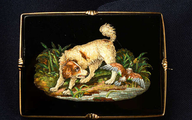 A 19th century micro mosaic brooch, depicting a dog and duck at the lakeside, within a 9ct gold surround, in the manner of Luigi Moglia.