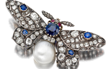 A 19th century natural pearl, diamond, sapphire and ruby butterfly brooch