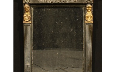A 19th century parcel-gilt ebonised looking glass, rectangul...
