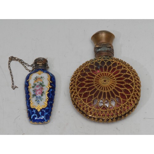 A 19th century silver coloured metal and enamel scent bottle...