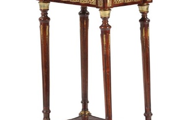 A 20th century mahogany walnut side table, light marble top, decorated with...
