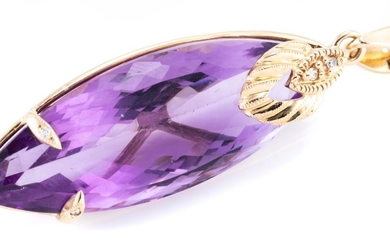 A 9CT GOLD AMETHYST AND DIAMOND PENDANT; featuring a long navette cut amethyst of approx. 26ct, with 2 claws and surmount set with 4...