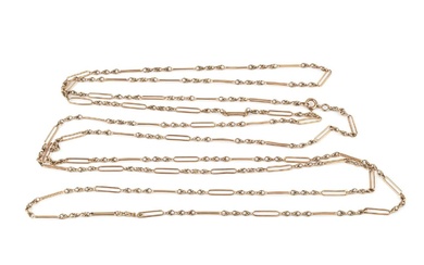 A 9ct gold long chain, composed of elongated oval and...