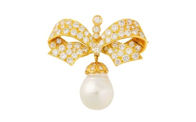 A BAROQUE PEARL AND DIAMOND BOW BROOCH