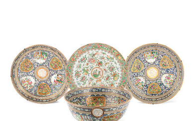A CANTON FAMILLE ROSE PUNCHBOWL AND A PAIR OF DISHES FROM THE SERVICE OF SULTAN MAS'UD MIRZA ZILL, AND A CANTON FAMILLE ROSE DISH