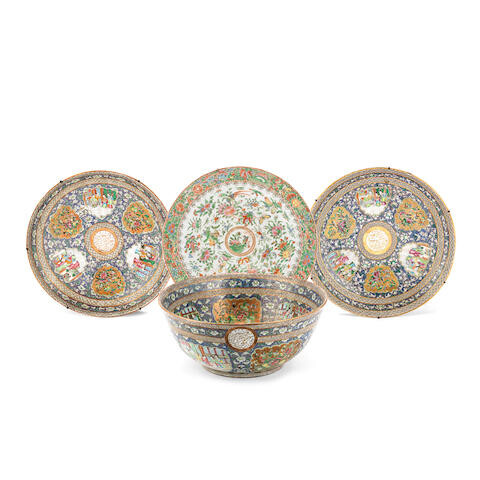A CANTON FAMILLE ROSE PUNCHBOWL AND A PAIR OF DISHES FROM THE SERVICE OF SULTAN MAS'UD MIRZA ZILL, AND A CANTON FAMILLE ROSE DISH