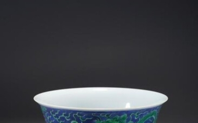 A CHINESE GREEN ENAMEL BLUE GROUND BOWL