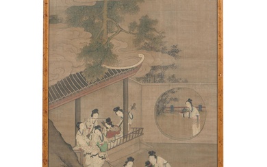 A CHINESE PAINTING OF LADIES IN A GARDEN PAVILLION Qing Dynasty (1644-1912)