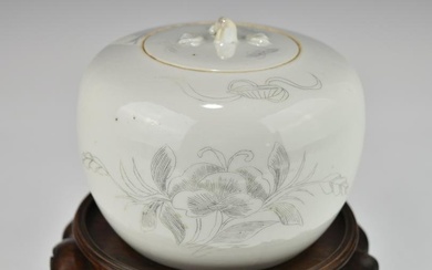A CHINESE QING DYNASTY GRISSAILLE AND WHITE GLAZED LIDDED PORCELAIN JAR