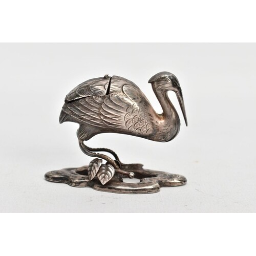 A CHINESE SILVER STORK PEPPERETTE, in the form of a stork wi...