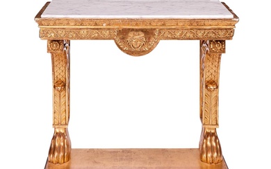 A CONTINENTAL CARVED GILTWOOD AND COMPOSITION CONSOLE TABLE, EARLY 19TH CENTURY