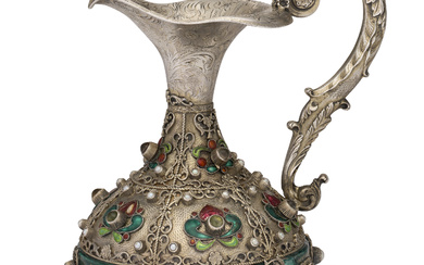 A CONTINENTAL ENAMEL AND PEARL-MOUNTED SILVER EWER PROBABLY AUSTRIA-HUNGARY, LATE...