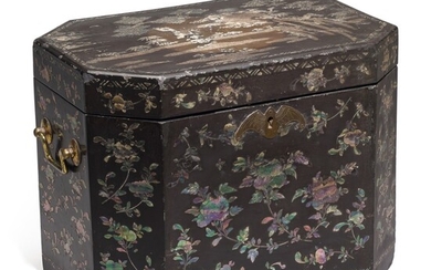 A Chinese Export mother-of-pearl inlaid black lacquer tea chest, circa 1840