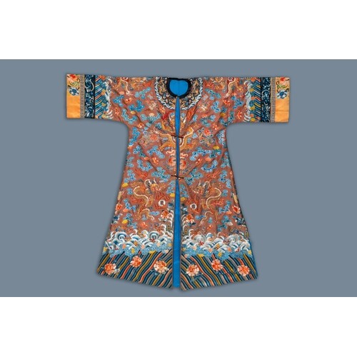 A Chinese embroidered silk brown-ground 'dragon' robe, 18/19...