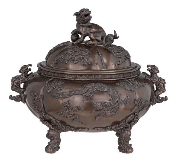 A Chinese finely sculpted bronze censer, H 20 - W 22 cm