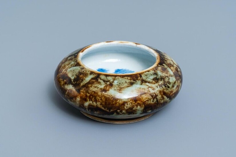 A Chinese flambe glazed brush washer with blue and white 'crabs' design, 19/20th C.