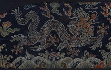 A Chinese indigo brocade panel of a running five-clawed dragon
