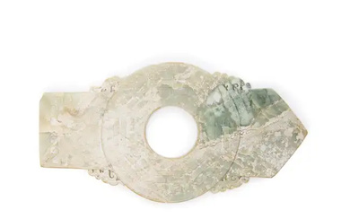 A Chinese pale green jade ritual disc, bi, with ceremonial sceptre, gui...