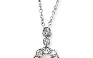 A DIAMOND AND PEARL FLOWER PENDANT AND CHAIN set with a