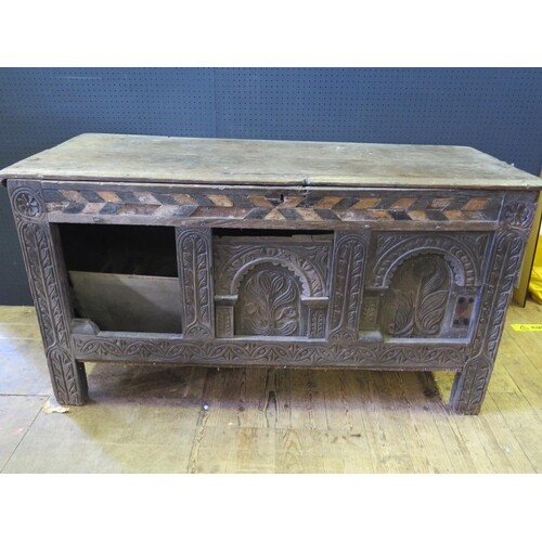 A Distressed Early Panelled Oak and Inlaid Coffer, c. 16th c...