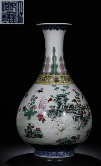 A FAMILLE ROSE GLAZE YUHUCHUNPING VASE WITH BIRD&FLOWER