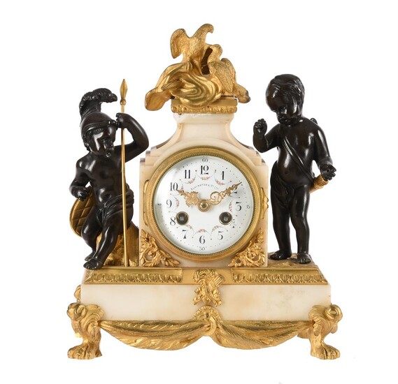 A FRENCH LOUIS XVI STYLE ORMOLU, PATINATED BRONZE AND WHITE MARBLE SMALL MANTEL CLOCK