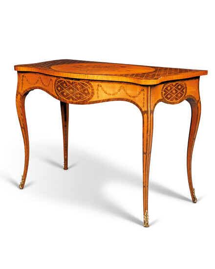 A GEORGE III SATINWOOD, TULIPWOOD, HAREWOOD, INDIAN ROSEWOOD AND MARQUETRY SERPENTINE SIDE TABLE