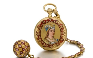 A. GOLAY LERESCHE À GENÈVE | A LADY'S GOLD AND ENAMEL HALF HUNTING CASED WATCH WITH PORTRAIT BUST AND ENAMEL FOB CIRCA 1890, NO. 18265