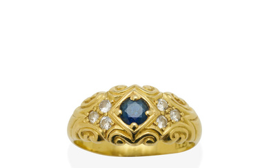 A GOLD, DIAMOND AND SAPPHIRE RING