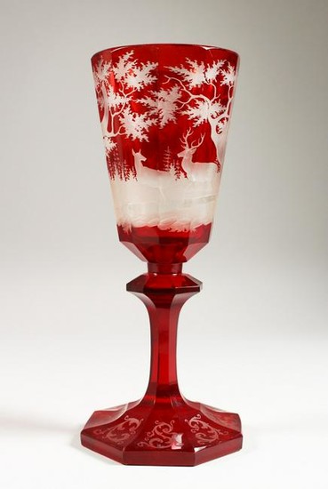 A GOOD LARGE 19TH CENTURY BOHEMIAN RUBY GLASS PEDESTAL
