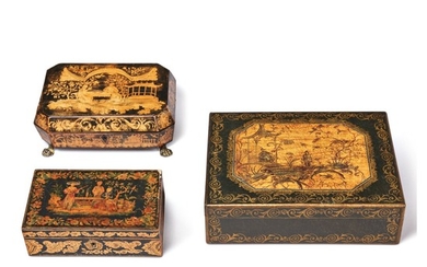 A GROUP OF THREE PENWORK AND POLYCHROME CHINOISERIE DECORATED BOXES, EARLY 19TH CENTURY