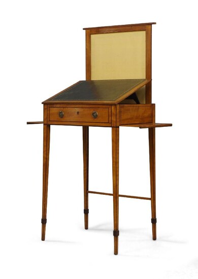A George III satin birch and mahogany inlaid work table, circa 1790, with raising silk lined screen, hinged scriber with tooled leather skiver, above single drawer, flanked by two brush slides, raised on square tapering legs, 75cm high, 48cm wide...