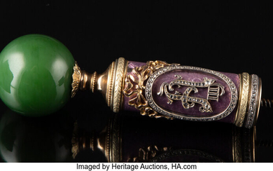 A Jade, 14K Gold, Silver, Guilloché Enamel, Diamond-Mounted Cane Top in the Manner of Fabergé (late 20th century)