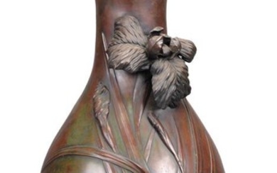 A Japanese Bronze Vase of bulbous form rising to a cylindrical neck with petaloid mouth and resting on a splayed foot