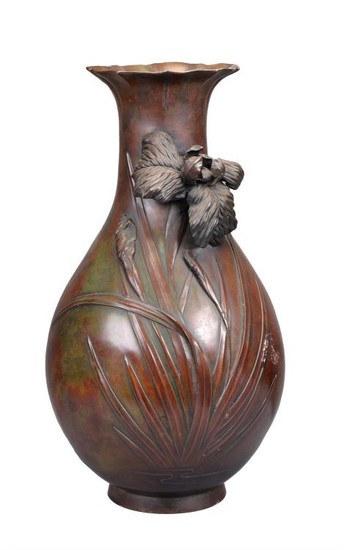 A Japanese Bronze Vase of bulbous form rising to a cylindrical neck with petaloid mouth and resting on a splayed foot