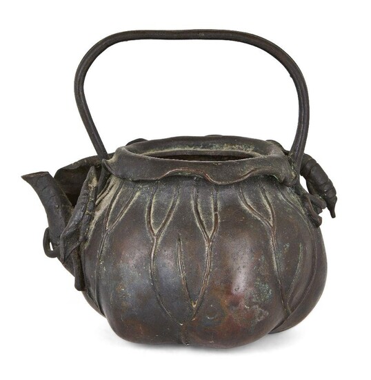 A Japanese bronze teapot, Meiji period, 19th century, cast as a lotus plant, 14cm high